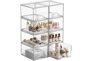 Zeawec 8 Pack Clear Stackable Storage Drawers, Acrylic Bathroom Storage Organizer, Clear Plastic Makeup Organizer, Ideal for 