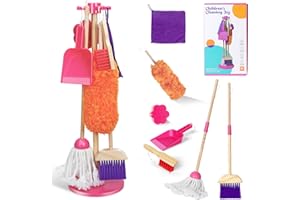 Gadhra Wooden Toy Cleaning Set ,8Pcs Kids Cleaning Set, Includes Broom, Dustpan, Brush, Mop, Duster, Sponge, Rag and Hanging Stand, Pretend Play Children House Cleaning Toys for Toddlers