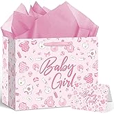 Pink Baby Girl Gift Bag Baby Shower Wrap Bag with Wrapping Paper Card Baby Gift Bag for Sweet Girls Newborn Gifts First Birthday Decorations Gender Reveal Welcome Baby Girl Party Favor Supplies