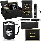 Shellwei 6 Pcs Valentine's Day Christian Gifts 17 oz Christian Coffee Mugs Leather Bible Notebook Religious Pen Metal Bookmark Greeting Card Box Present for Valentine's Pastors Gifts(Black)