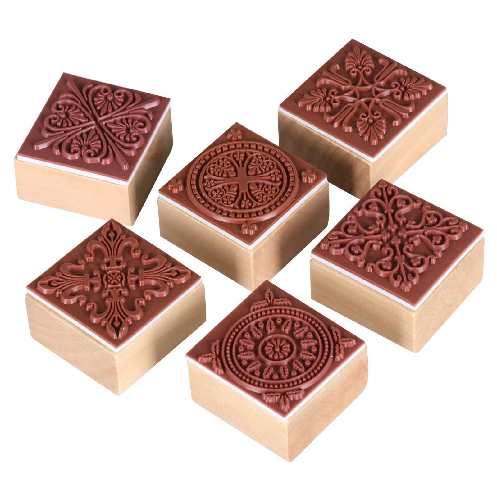 Square Stamp Flower Flower Pattern Stamp Wooden Rubber Stamp Flower Motif Stamp DIY Craft Clay Picture Making Ornaments for Scrapbooking Photo Album and Invitation Cards Wedding (6 Pieces)1