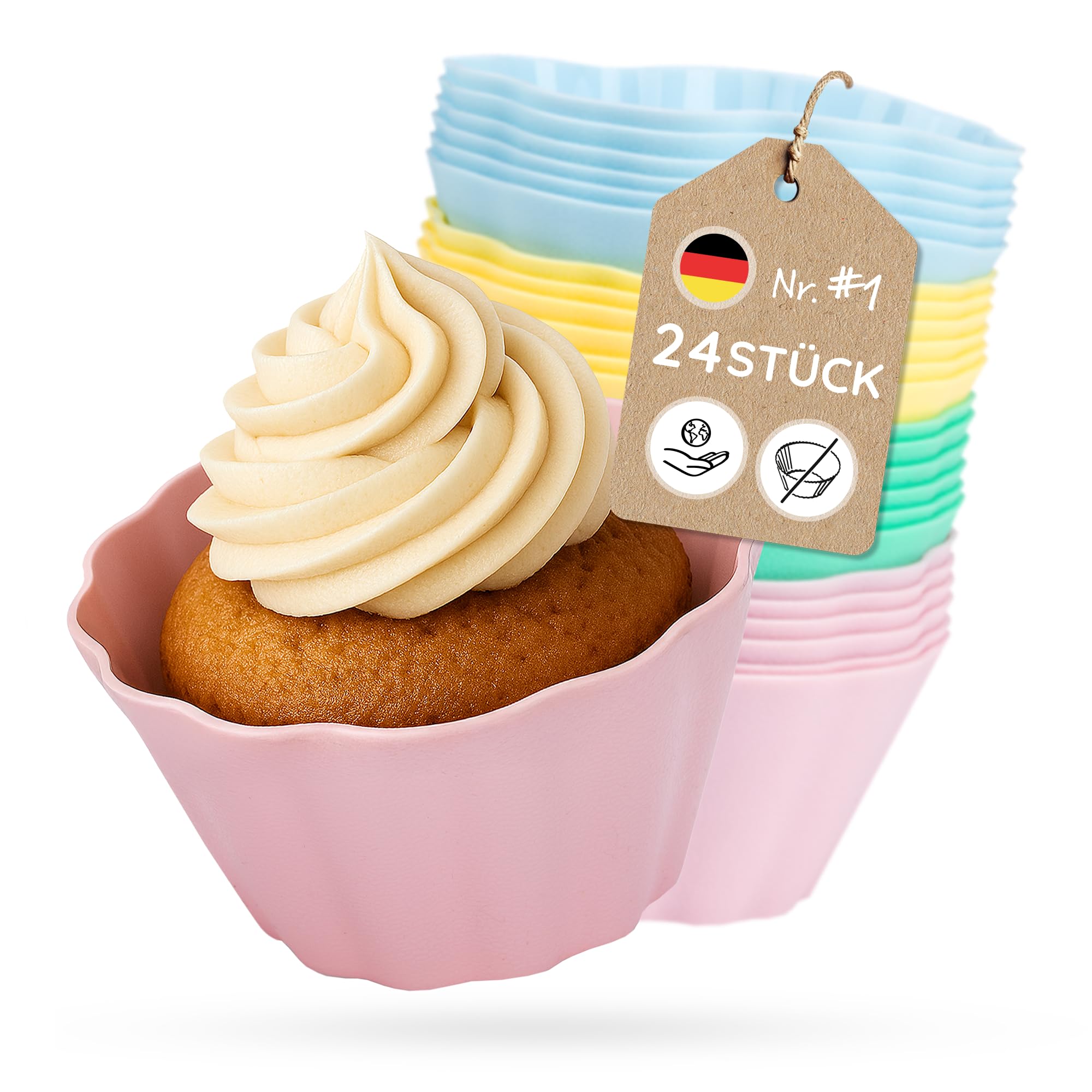 Backefix Silicone Muffin Cups 24 pcs – 7.5×4 cm, 100 ml Each, Reusable Cupcake Liners Instead of Disposable, Shape‑Stable, air‑Fryer Safe, Soft Pastel Colors, BPA‑ & PFAS‑Free