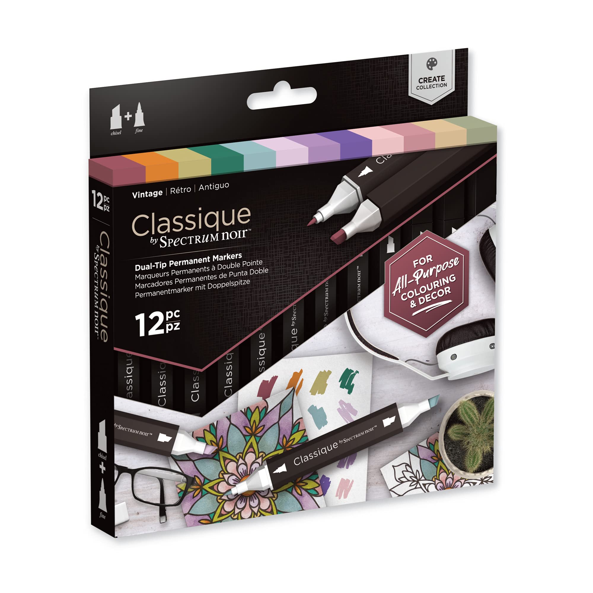Crafter's Companion Spectrum Noir Classique Blend Twin Tip Blendable Alcohol Based Marker Set with Japanese Nibs - Pack of 12 - Perfect for Colouring, Drawing & Illustration (Vintage Pack) โ image 1