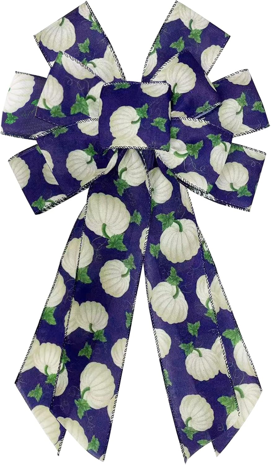 Bows & Ribbons - Whaline Large Fall Wreath Bow Navy Blue White Pumpkin Thanksgiving Burlap Bow Handmade Ivory Dark Blue Bowr for Xmas Tree Topper Autumn Harvest Christmas Festival Home Decoration