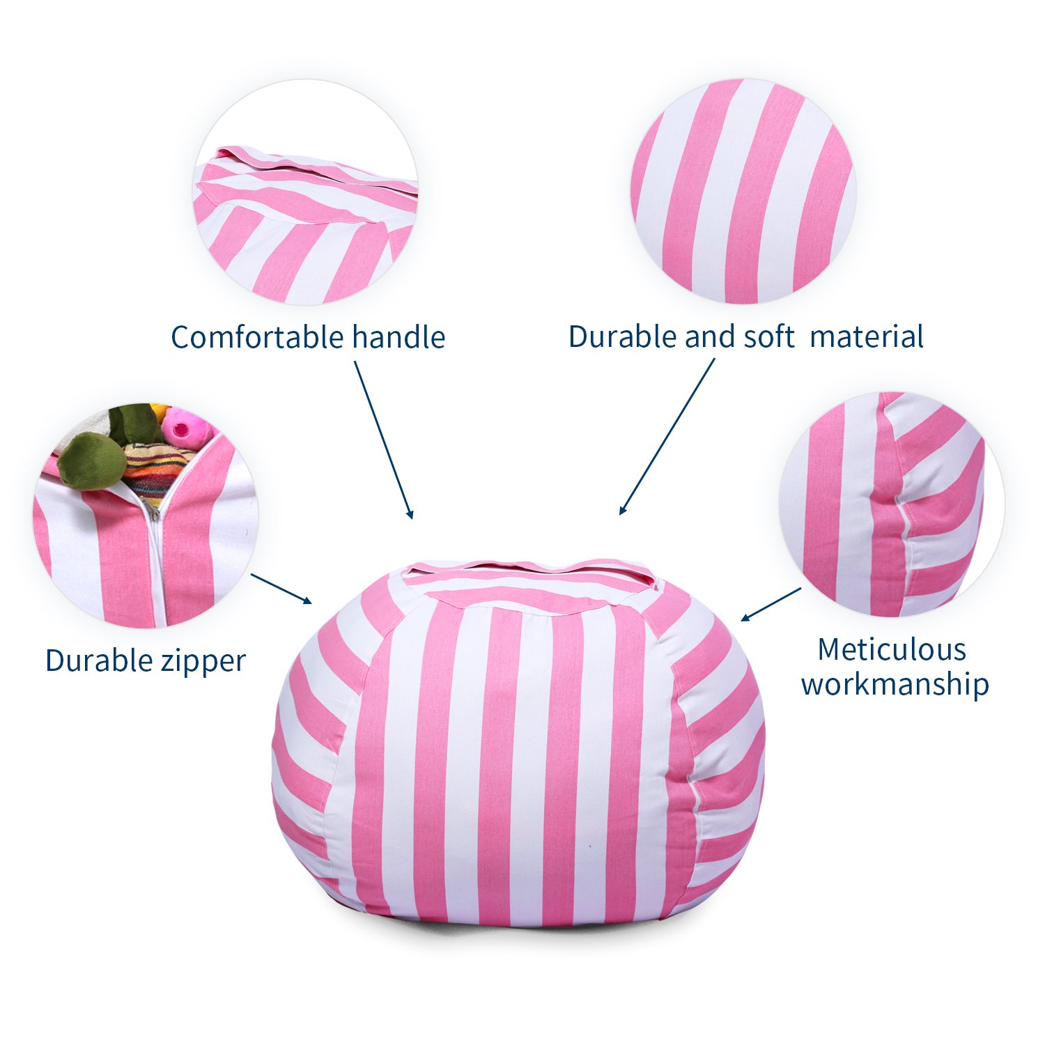 Yotree Stuffed Animal Storage Bean Bag Chair Useful Extra Large Kids Toy Organizer Clean up the Room and Put Those Critters in Order(Pink Stripes)