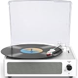WOCKODER Vinyl Record Player with Speakers Turntable Belt-Driven Turn Table Support 3-Speed 3 Size BT Wireless Playback Headphone AUX-in RCA Line LP Phonographs Audio for Beginner Classic Pure White
