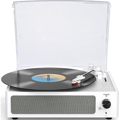 WOCKODER Vinyl Record Player with Speakers Turntable Belt-Driven Turn Table Support 3-Speed 3 Size BT Wireless Playback Headphone AUX-in RCA Line LP Phonographs Audio for Beginner Classic Pure White