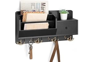 Rebee Vision Key Holder Wall Mount with Mail Sorter - Decorative Mail Organizer for Wall with Key Hooks and Drawer Organizer - Modern Home Essentials for Room Decor (Black)