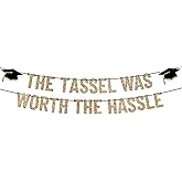 Pre-strung The Tassel Was Worth The Hassle Banner - No DIY - Gold Glitter Graduation Party Banner - Pre-strung on 10 ft Strands - Congrats Grad Class of 2026 Party Decorations. Did We Mention No DIY