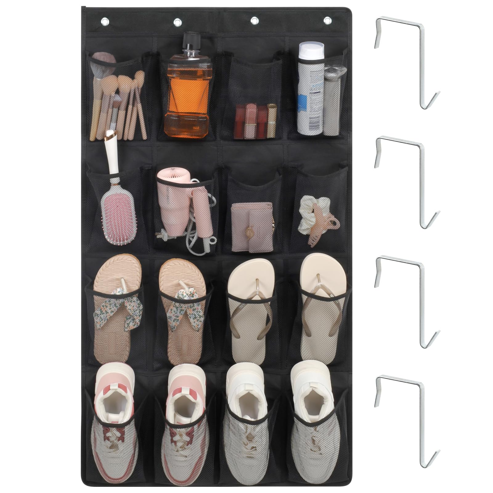 Photo 1 of ** MISSING HOOKS **     F-color Hanging Organizer - Over the Door Shoe Organizer - Cruise Essentials for Cabin, 16 Breathable Mesh Pockets, Space Saving Hanging Storage Holder with 4 Packs Over-the-Door Metal Hooks, Black