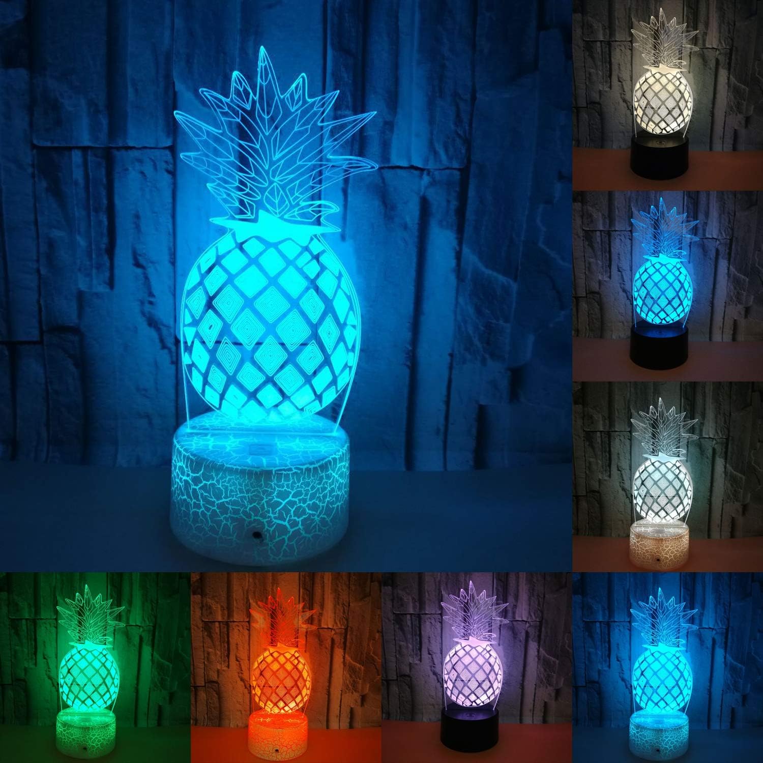 Julitech 3D Visual Night Lamp, Creative LED 3W Night Lights for Kids, Pineapple with Crack Base 7 Colors Touch Switch Control