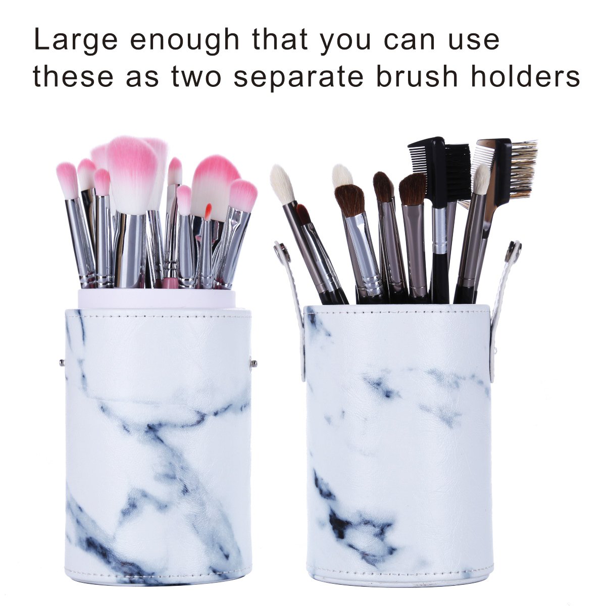 Makeup Brushes Holder Large Capacity Traveling Marble Make Up Brush Case Organizer Cosmetic Cup Cylinder Storage Box Bag Vegan Pu Leather Round(white) : Beauty