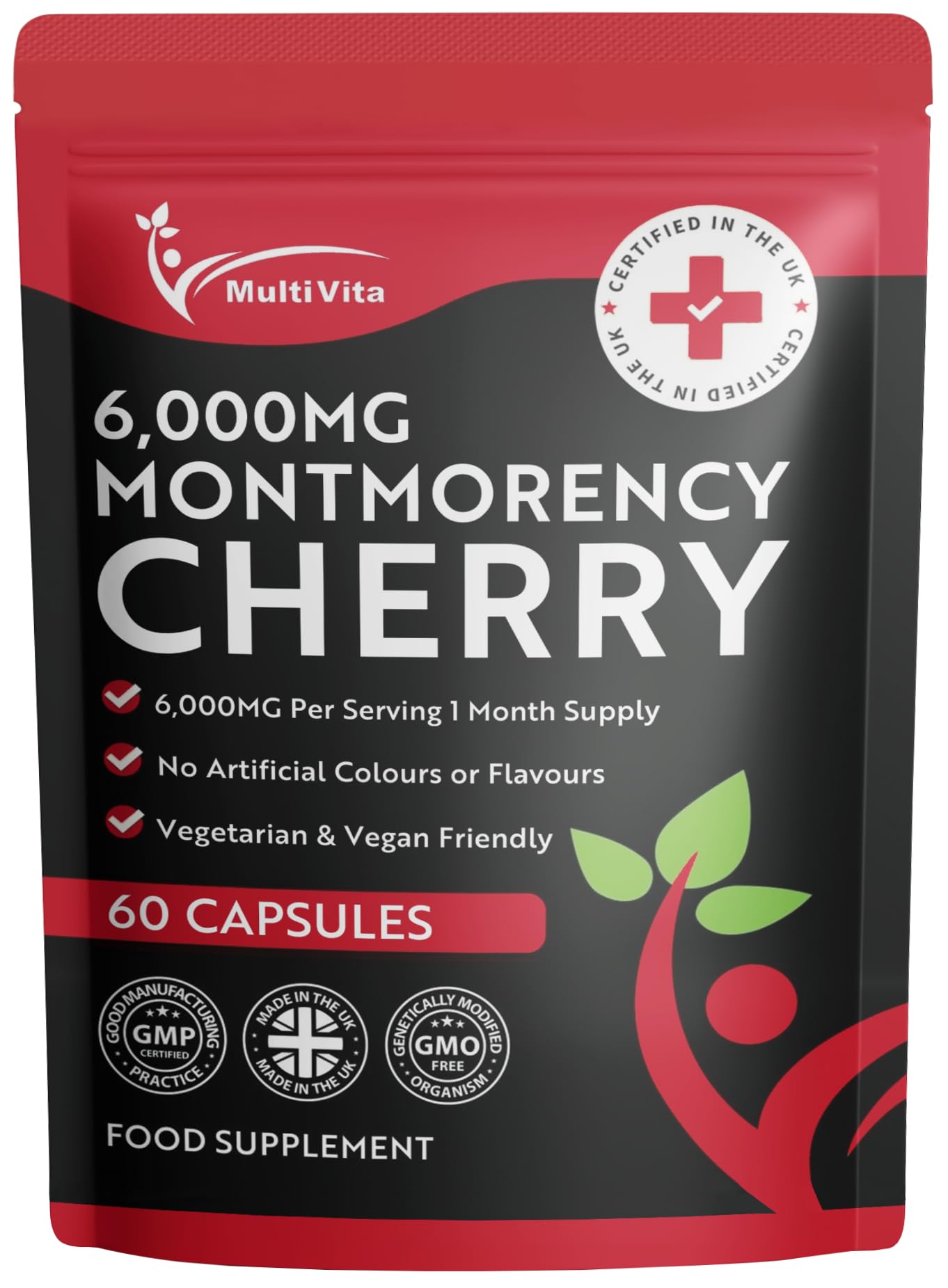 Montmorency Cherry Capsules 6000mg Vegan Friendly - Natural Tart Cherry Extract Supplement for Men & Women - High Strength Concentrate (not Tablets or Powder) 1 Month Supply (2 per Serving) Made in UK