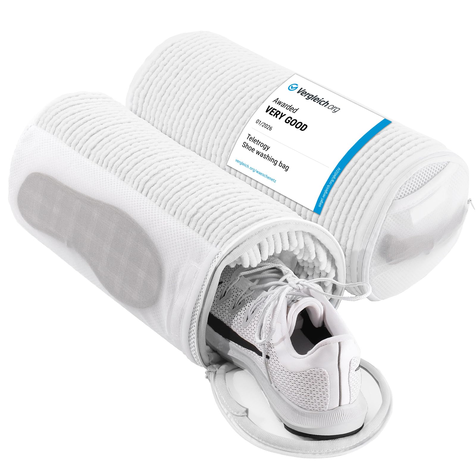 Teletrogy Shoe Washing Machine Bag 2 Pack, 360° Wrap-Around Cleaning Laundry Bags with Wash Shoes, Shoelaces & Insoles Together, Reusable Trainer Washing Machine Bag, Hidden Zipper, White