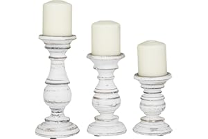 Deco 79 Mango Wood Decorative Candle Holder Turned Style Pillar Candle Stand, Set of 3 Candlestick Holder 10", 8", 6”H, White