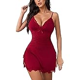GlavidGlee Women's Lingerie Nightwear V Neck Lace Nightgown Slip Dress Side Split Babydoll Chemise Sleepwear