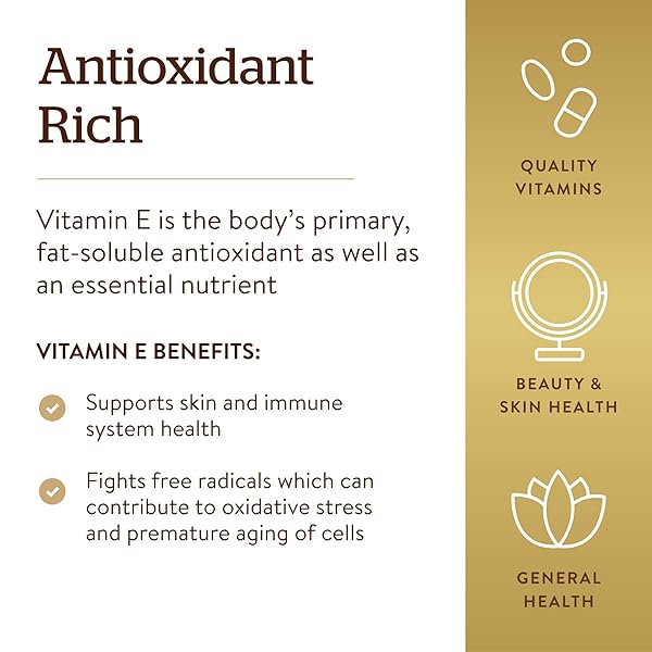 SOLGAR VITAMIN E 670 MG (1000 IU), 100 MIXED SOFTGELS – NATURAL ANTIOXIDANT, SKIN & IMMUNE SYSTEM SUPPORT – NATURALLY-SOURCED VITAMIN E – GLUTEN FREE, DAIRY FREE – 100 SERVINGS