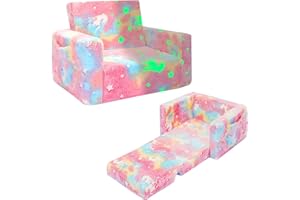 SLIGUY Kids Couch, Toddler Chair, Fold Out Kids Sofa Chair, Convertible Sofa to Lounger Pull Out Couch, Glow in Dark Sofa Chair Birthday Gifts for Boys and Girls (Pink)