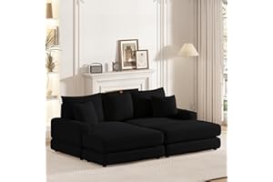 EXZLFA Oversized Chaise Longue Indoor，Comfy Thicked Upholstered Pad Lounge Chair with Ottoman，Soild Wood Sleeper Reclining Chair ，Corduroy Deep Seat Couch for Living Room (Black)