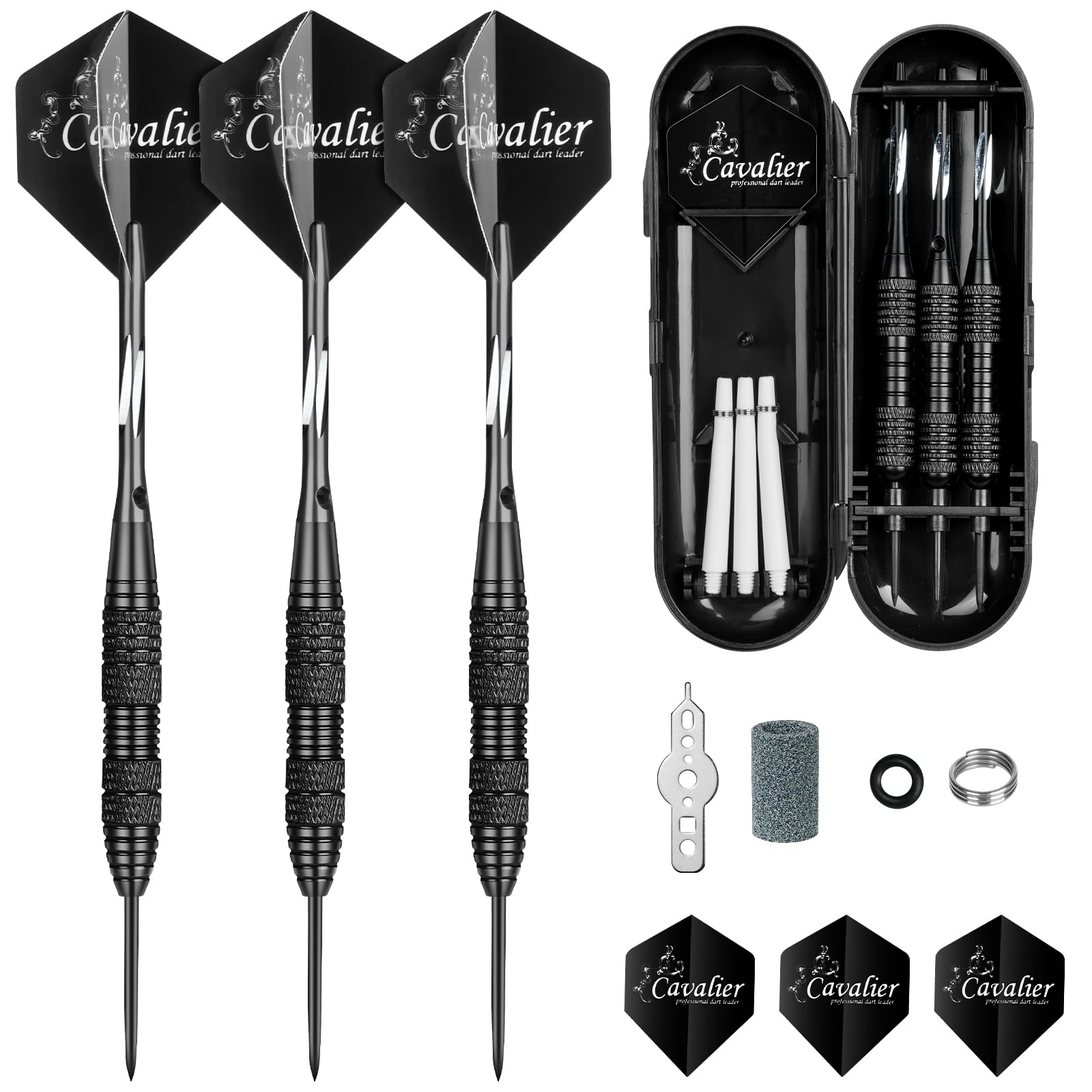 flintronic 3 Pack Steel Darts Set, Professional 24g Darts Tip with Non-Slip Stainless Steel Shaft, Poly Flights, PVC Shafts, Dart Sharpener, Rubber Rings, Flight Protecter, with Gift Box