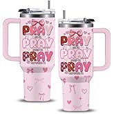 WWHSAI Pink Christian Inspirational Tumbler, Pray Over It Bible Verse Gifts, Christian Gifts for Women, Daily Prayer Pink Tumbler With Handle Jesus Cup 40oz