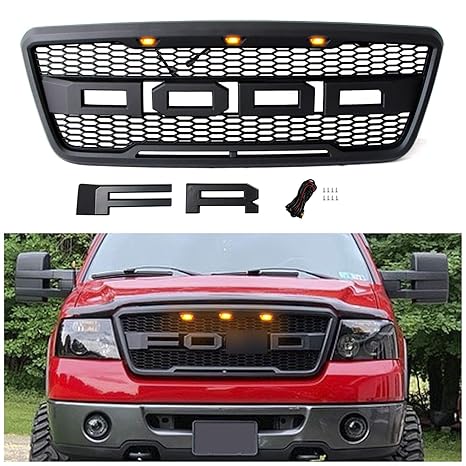 Seven Sparta Raptor Style Grill for F150 2004 2005 2006 2007 2008, Front Grille for Ford with F& R Letters and Three Bright Amber LED Lights, Matte ...