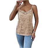 SweatyRocks Women's Satin Camisole Floral Jacquard Lace Pajama Tank Tops Spaghetti Strap Sleepwear