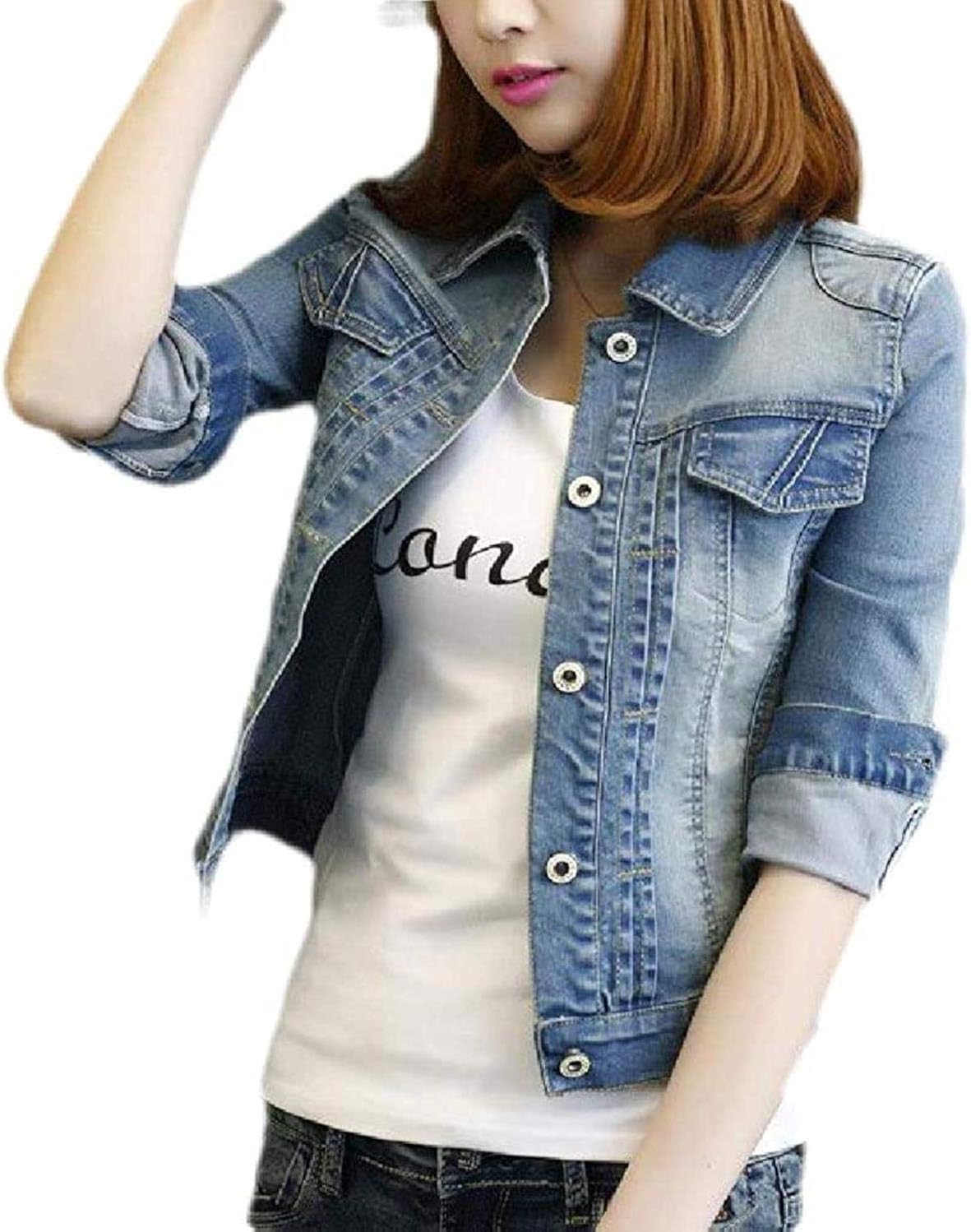 Women Jean Short Crop 3/4 Sleeve Button Up Washed Denim Trucker Jacket