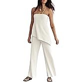 DURUNUL Summer Knit Sweater Sets for Women Off The Shoulder Tube Top and Pants Sets Lounge Sets Vacation 2 Piece Outfits