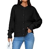 Saodimallsu Womens Button Up Cardigans Fall Crew Neck Fuzzy Knit Long Sleeve Cropped Sweater Jacket with Pockets