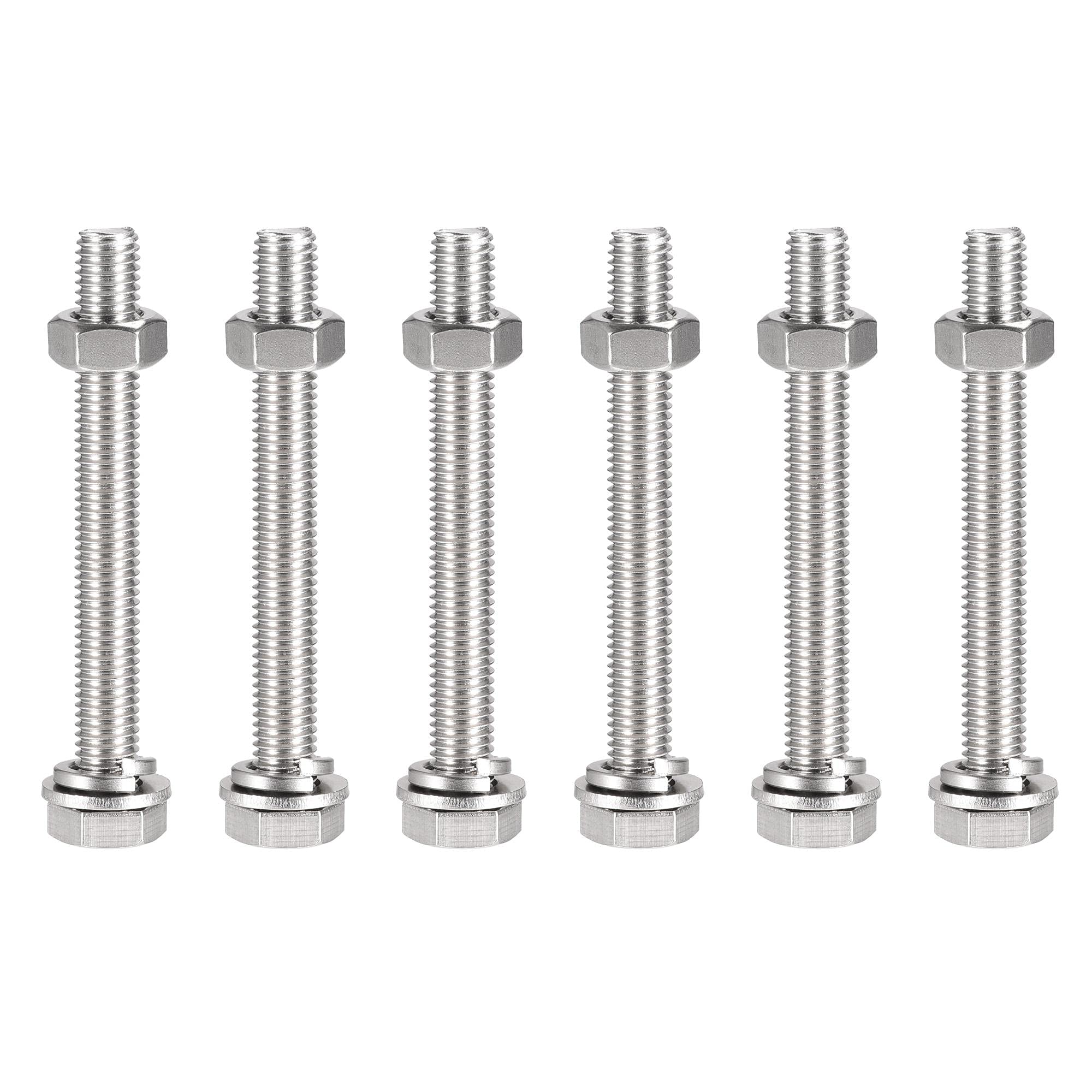 sourcing map M10 x 90mm Hex Head Screws Bolts, Nuts, Flat & Lock Washers Kits, 304 Stainless Steel Fully Thread Hexagon Bolts 6 Sets