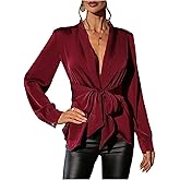 SweatyRocks Women's Deep V Neck Satin Blouses Long Sleeve Tie Waist Asymmetrical Wrap Shirt Tops