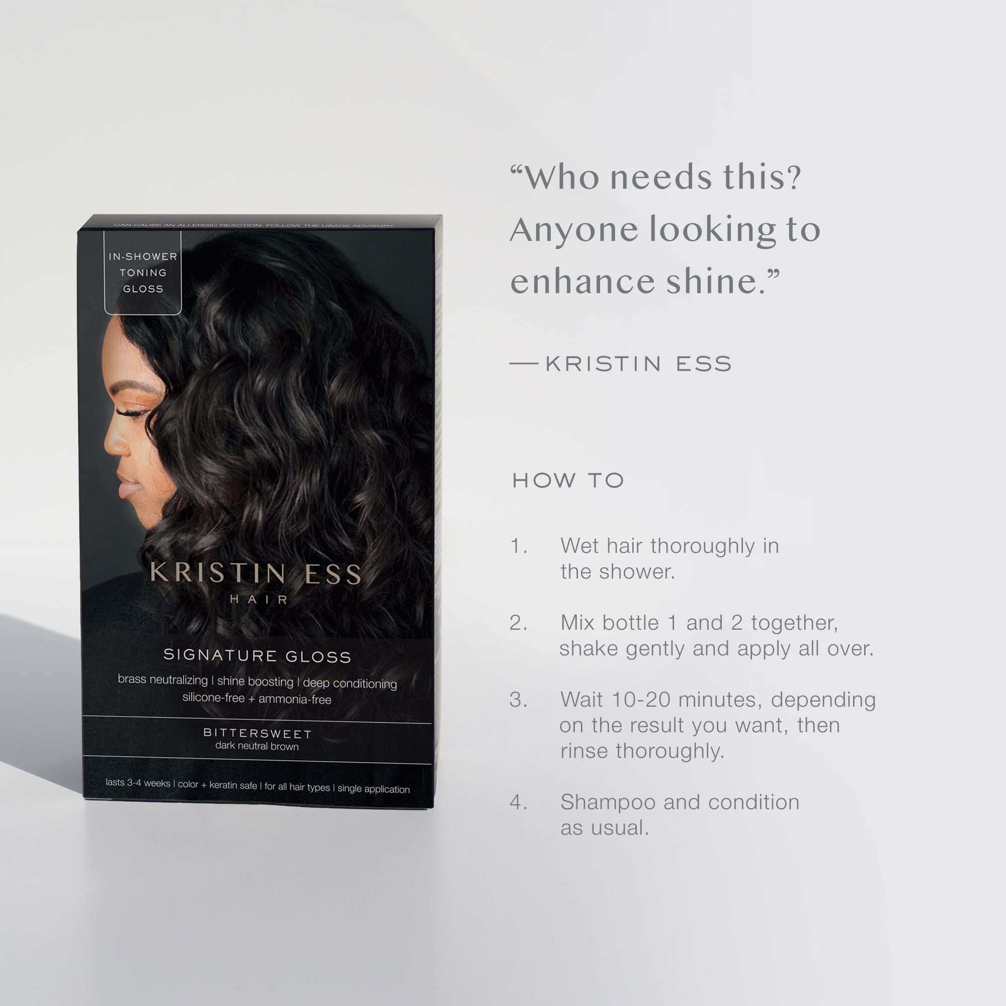 Kristin Ess Dark Brown Hair Dye Gloss Color Treatment in Bittersweet Dark Brunette - 4 Wk Semi Permanent Hair Dye Glaze for Color + Shine - Brightening + Conditioning Gloss Toner for Women - Vegan