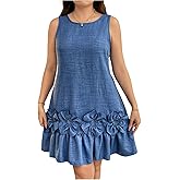 SOLY HUX Women's Plus Size Ruffle Hem Tank Dress Crew Neck Sleeveless 3D Flower Summer Short Dresses