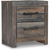 Signature Design by Ashley Drystan Rustic 2 Drawer Nightstand, USB-C | Engineered wood, Weatherworn brown finish, 2 faux-linen lined drawers, Dual USB-C ports, Small space solution