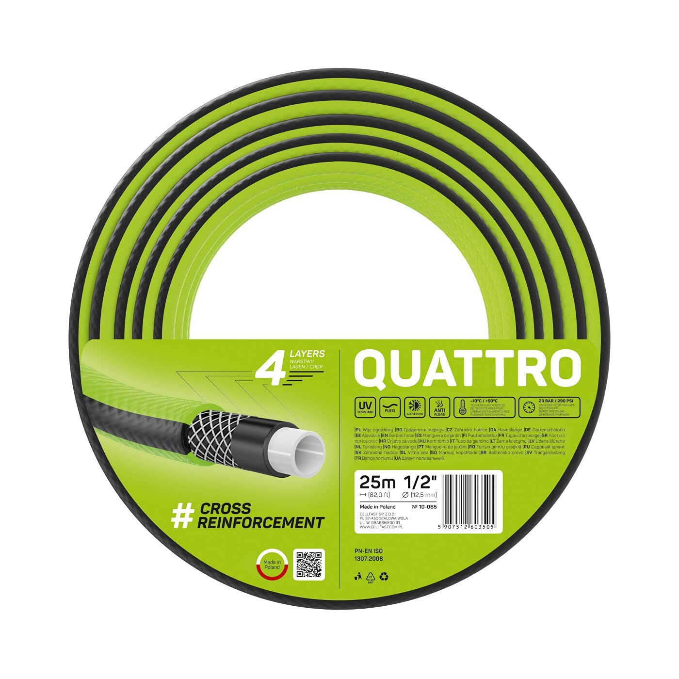 Cellfast 10-065 QUATTRO Garden Hose, Green, 1/2-inch