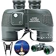 Marine Binoculars 10x50 with Rangefinder Compass for Adults - FMC Lens Waterproof Fogproof Low Light Vision Binoculars with and Harness Strap for Hunting Bird Watching Boating