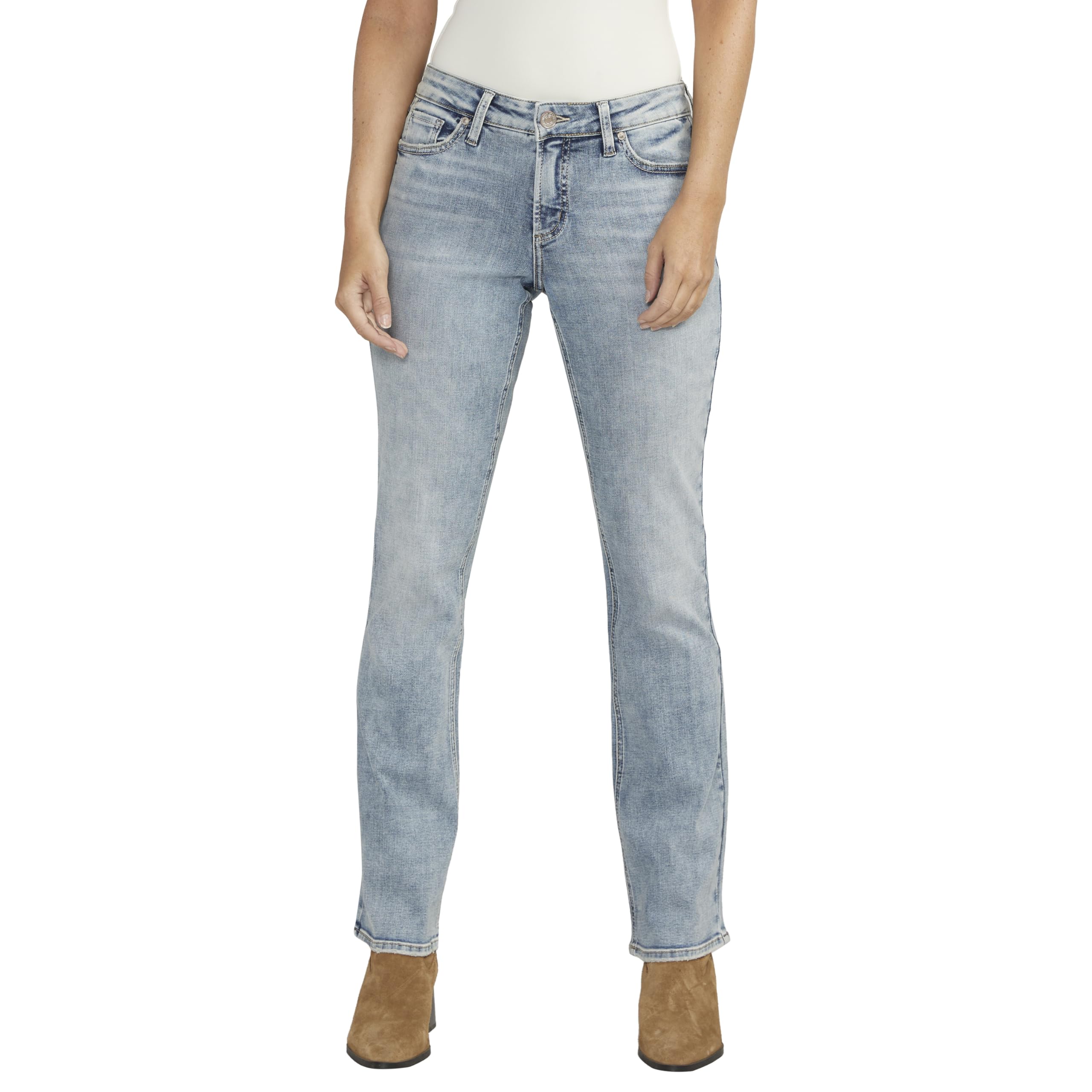 Silver Jeans Co. Women’s Elyse Mid Rise Comfort Fit Slim Bootcut Jeans, Med Wash ECF258, 24W x 33L