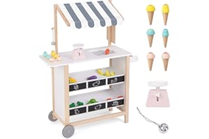 GLACER Ice Cream Cart for Kids - Wood Grocery Store Pretend Play with Making Counter, Produce Scale, Chalkboard, Bell, Wheels, Canopy, Portable Ice Cream Stand for Boys Girls (White)