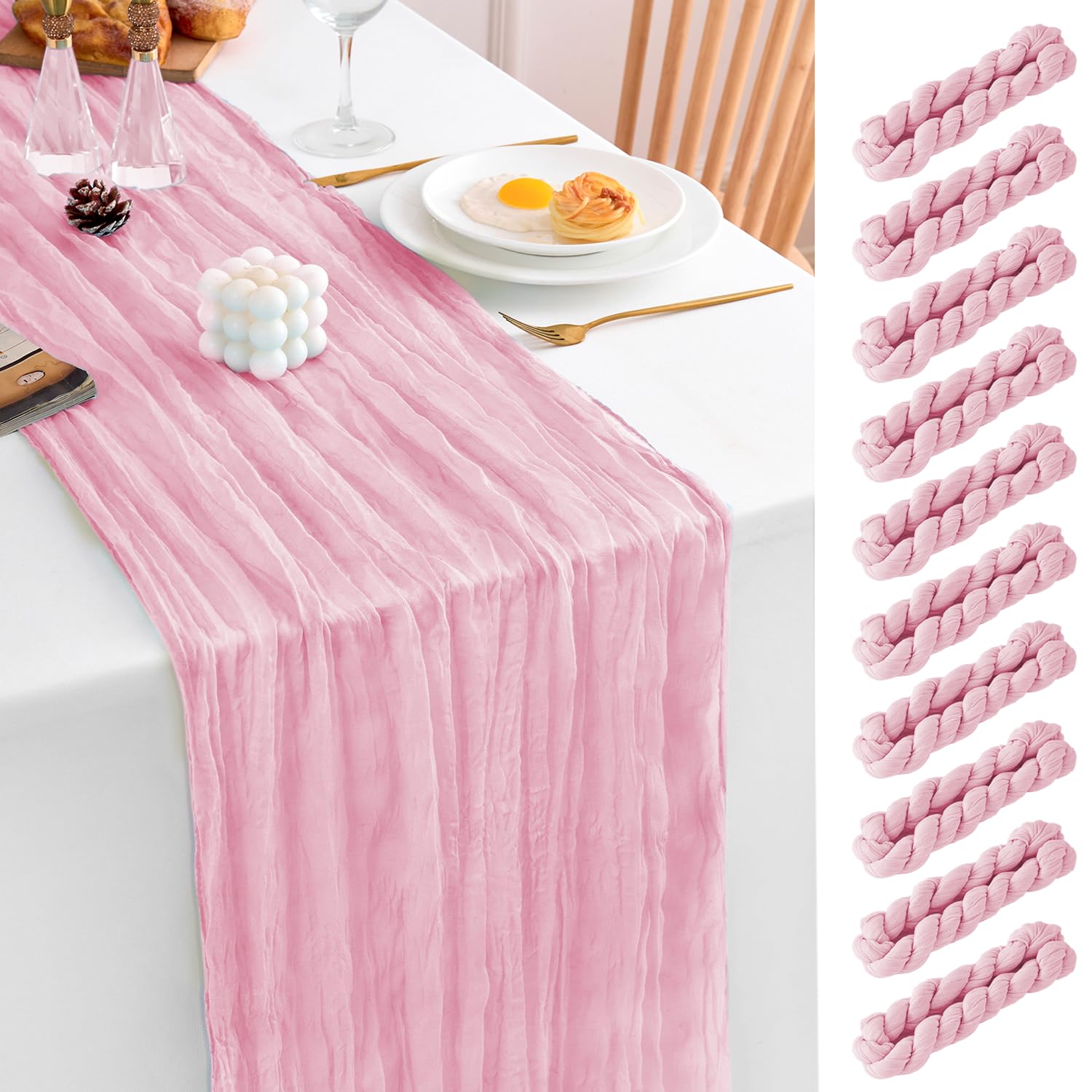 Photo 1 of 10 Pack Pink Table Runner 21x120 Inch Light Pink Cheesecloth Table Runner 10FT Boho Gauze Table Runners Long Cheese Cloth Table Runner Semi Sheer Runners for Wedding Bridal Baby Shower Party