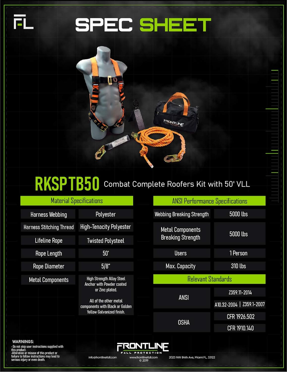 Frontline RK5PTB50 Combat Complete Roofers Kit with 50' Lifeline | Combat Economy Series Full Body Harness | 50’ Vertical Lifeline with Rope Grab | Hinged Reusable Roof Anchor | OSHA & ANSI Compliant - - 