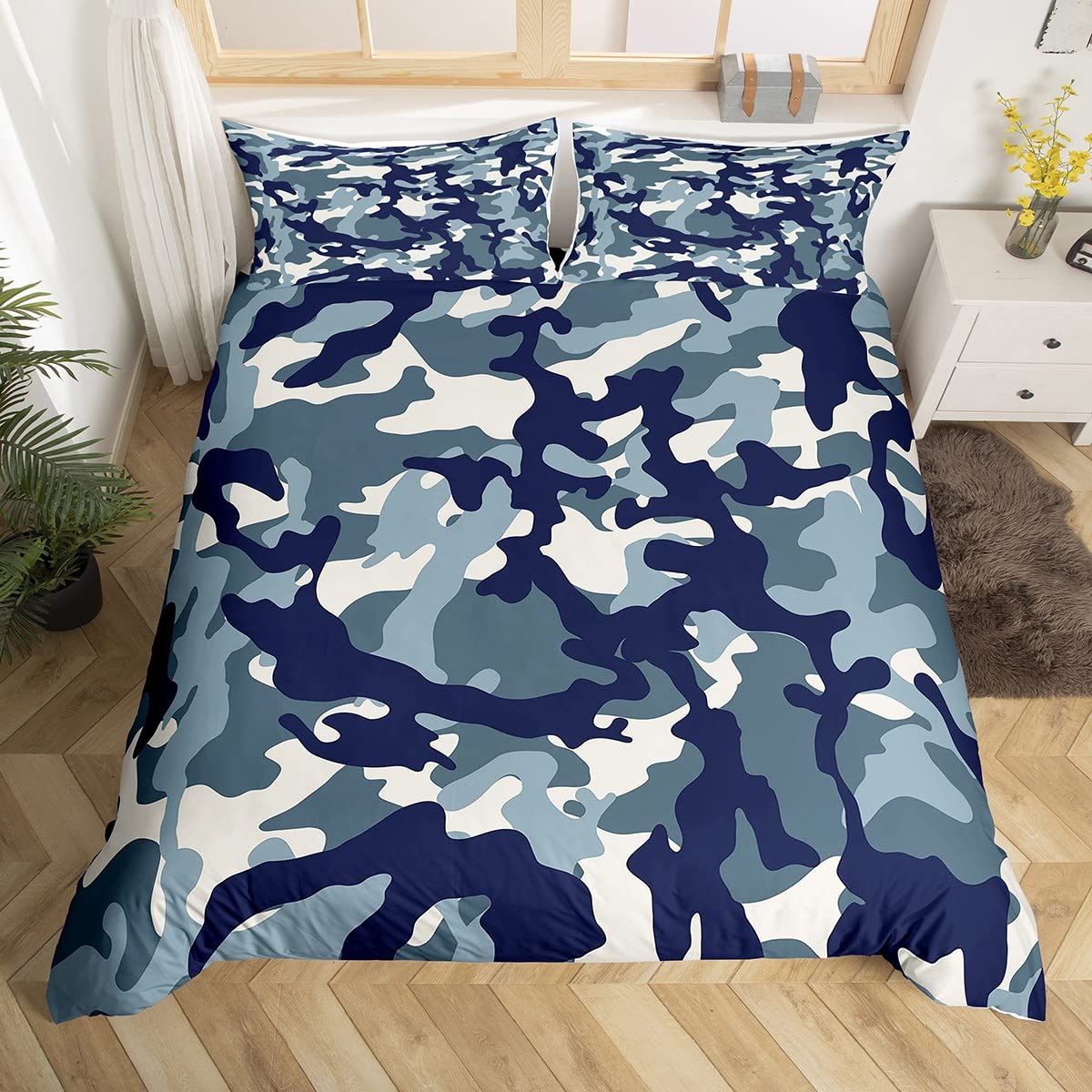 Camouflage Bedding Set Kids Blue Camo Comforter Cover Set for Boys Teens Gray White Army Camouflage Duvet Cover Breathable Farmhouse Quilt Cover Single Size