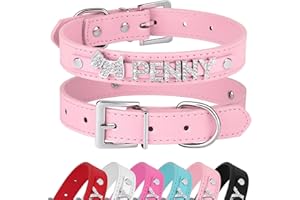 Didog Smooth PU Leather Custom Dog Collars with Rhinestone Personalized Name Letters, Fit Small Medium Dogs, Pink, M