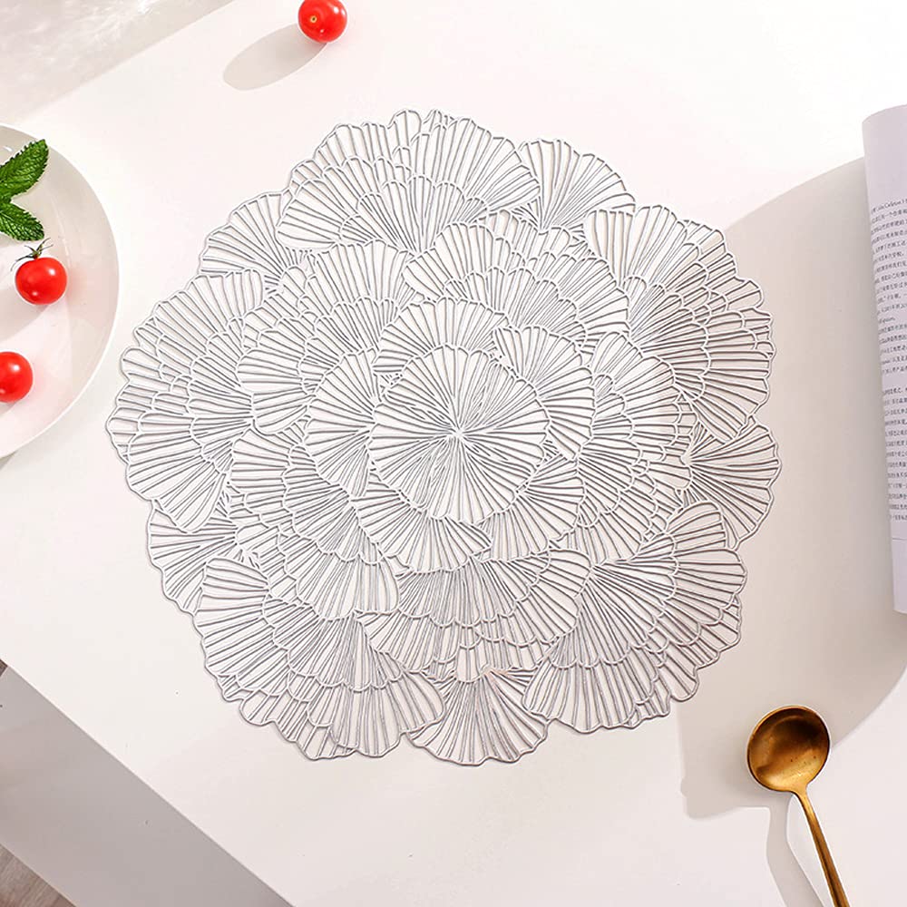 Hosoncovy 4 Pack Flower Placemats - Set of 4 PVC Placemats: Heat Resistant, Dining and Decorative for Home, Kitchen, Wedding Party (Silver)