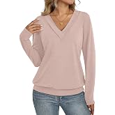 TICTICMISS Womens Long Sleeve Tops Banded Bottom V Neck Casual T Shirts | Loose Fit, V Neck, Banded Hem, Cotton Blend, Fall Winter Clothing, Trendy Outfits, No See-through, Stretchy, Easy Care