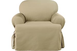 SureFit Heavyweight Cotton Duck T-Cushion Chair Slipcovers, Heavyweight Cotton Chair Cover, One Piece Design, Armchair Cover with Seat Elastic and Adjustable Corner Ties, Khaki