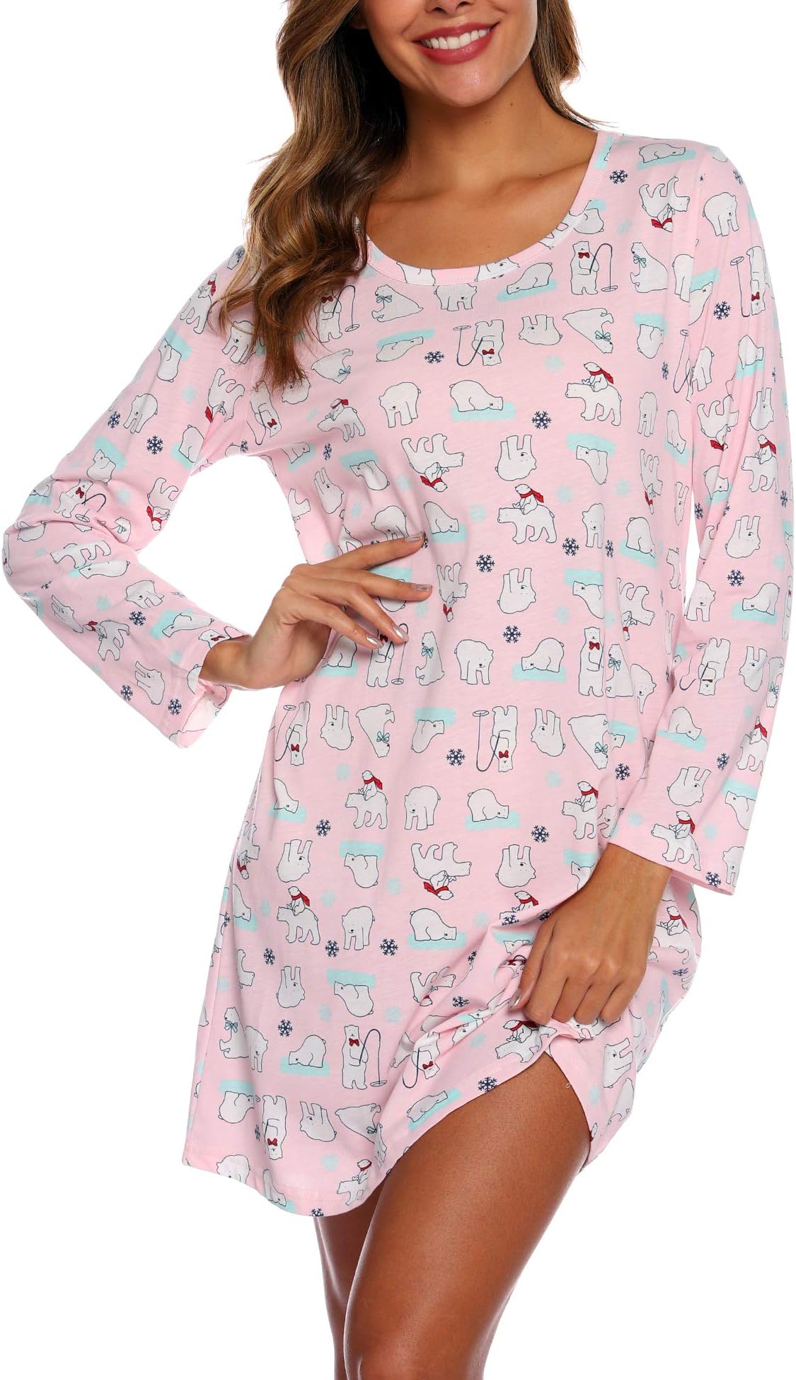 ENJOYNIGHT Women's Cotton Sleepwear Long Sleeves Nightgown Print Tee Sleep Dress