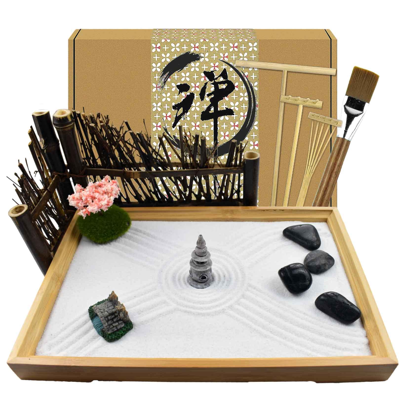Artcome Japanese Zen Sand Garden for Desk with Rake, Stand, Rocks and Mini Furnishing Articles - Office Table Accessories, Mini Zen Sand Garden Kit - Meditation Gifts