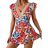 B2prity Women's One Piece Swim Dress Swimsuit Tummy Control Bathing Suit Skirt Ruffle V Neck Split Swimwear