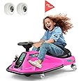 360 Degrees Rotating Ride On Drift Car and 2 Replacement Universal Wheels, 24V Electric Drifting Go Kart for Kids W/Brushless Motor, High/Low Speed, Flashing Lights, Flag, Music, Bluetooth, Pink